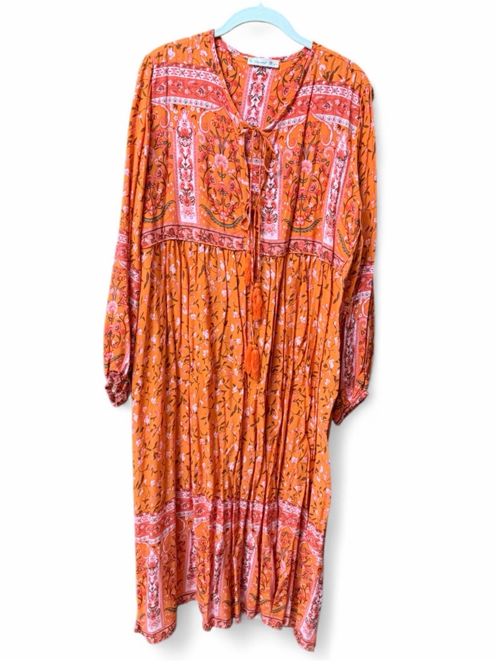 Bohemian Orange Floral Midi Dress with Tassel Tie